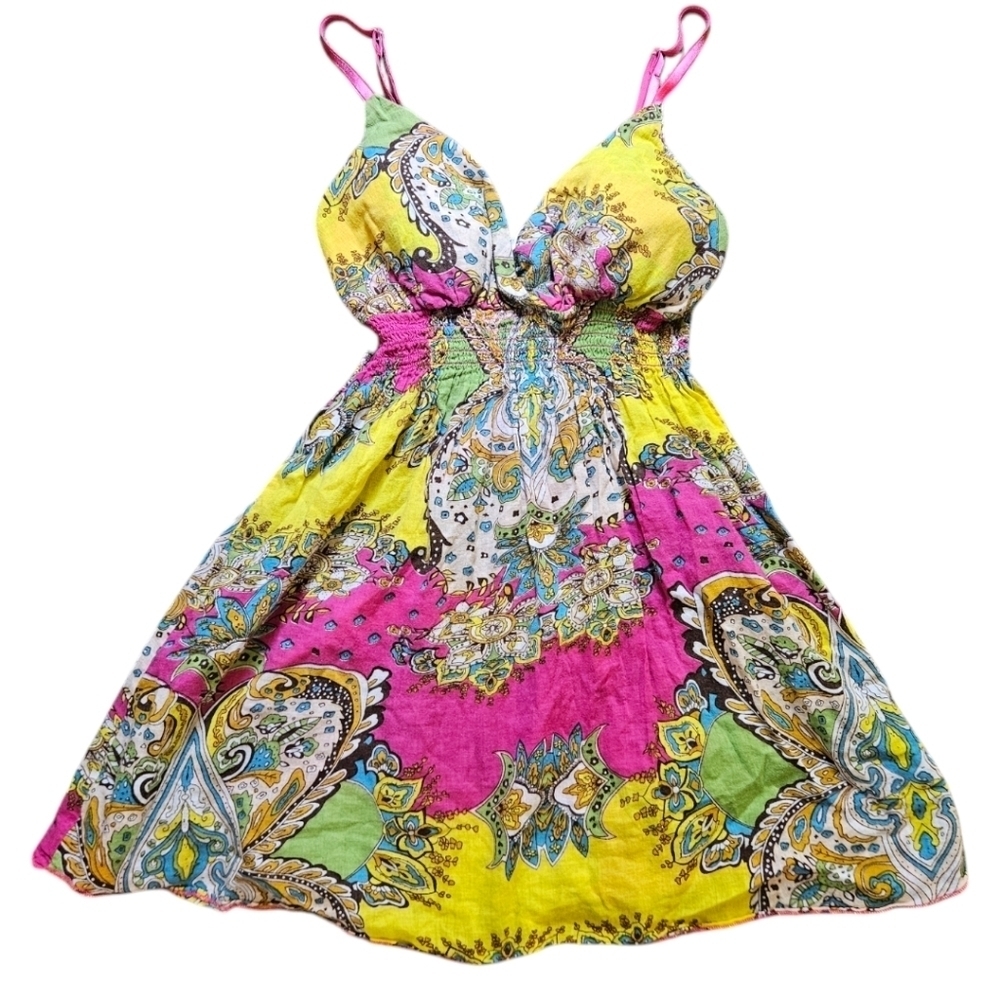 WM Y2K Paisley Print Babydoll Smocked Waist Tank Top Sz M Fairy Boho Peasant - Picture 7 of 13